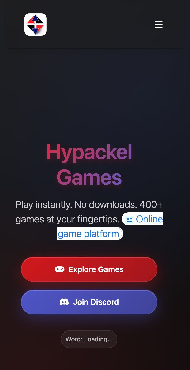 hypackel.com on first visit in a phone browser on 26 October 2026, with the Hypackel logo, the heading Hypackel Games, the line Play instantly. No downloads. 400+ games at your fingertips, a red Explore Games button, a blue Join Discord button, and a Google ad link reading Online game platform inserted into the tagline