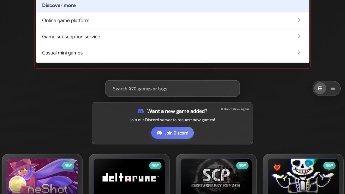 The games library at hypackel.com/library.html in a desktop browser on 26 October 2026, with a Google Discover more ad box listing Online game platform, Game subscription service and Casual mini games, a search box reading Search 470 games or tags, a panel reading Want a new game added? Join our Discord server to request new games, and the first row of game cards marked NEW: OneShot, Deltarune, SCP Containment Breach and a fourth pixel-art game