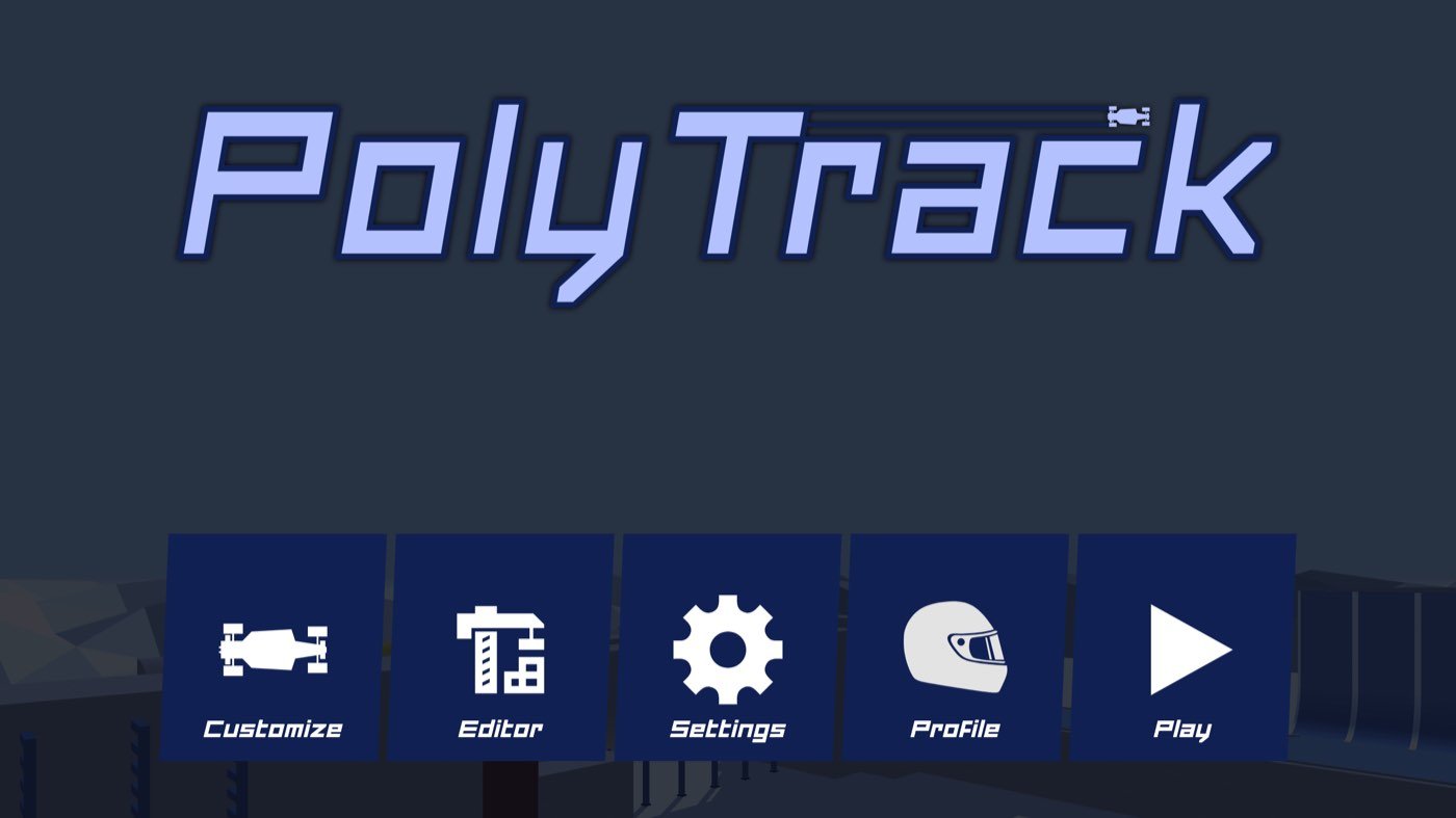 PolyTrack running at hypackel.com/files/polytrack/ in a desktop browser on 26 October 2026, showing the PolyTrack title over a low-polygon landscape and five menu tiles reading Customize, Editor, Settings, Profile and Play