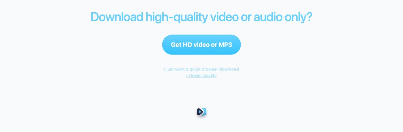 iGram World in a desktop browser on 16 October 2026 after pressing Download, asking Download high-quality video or audio only? above a large Get HD video or MP3 button, with a small pale link underneath reading I just want a quick browser download in lower quality