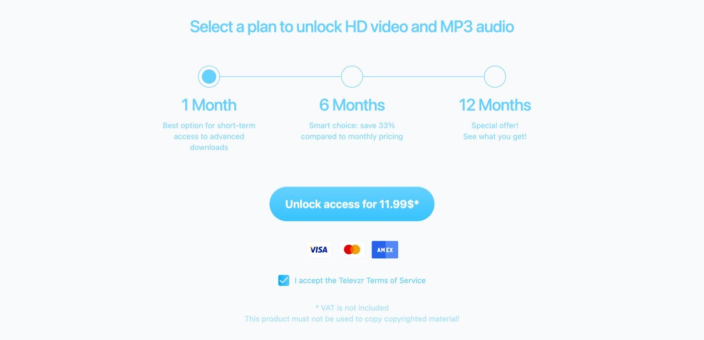 iGram World's plan picker in a desktop browser on 16 October 2026, headed Select a plan to unlock HD video and MP3 audio, with 1, 6 and 12 month options, a button reading Unlock access for 11.99$*, card logos, an already ticked box reading I accept the Televzr Terms of Service, and the note VAT is not included