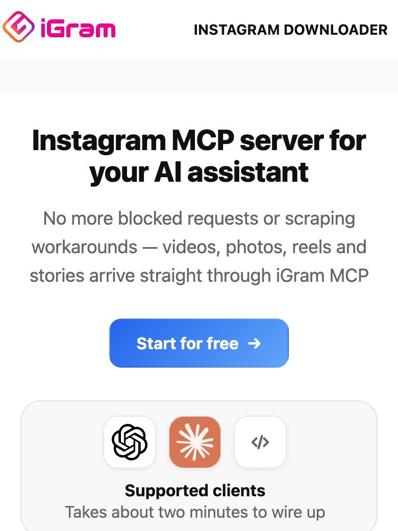The igram.world MCP page in a phone browser on 16 October 2026, headed Instagram MCP server for your AI assistant, with the line No more blocked requests or scraping workarounds, a Start for free button and icons for ChatGPT and Claude under Supported clients