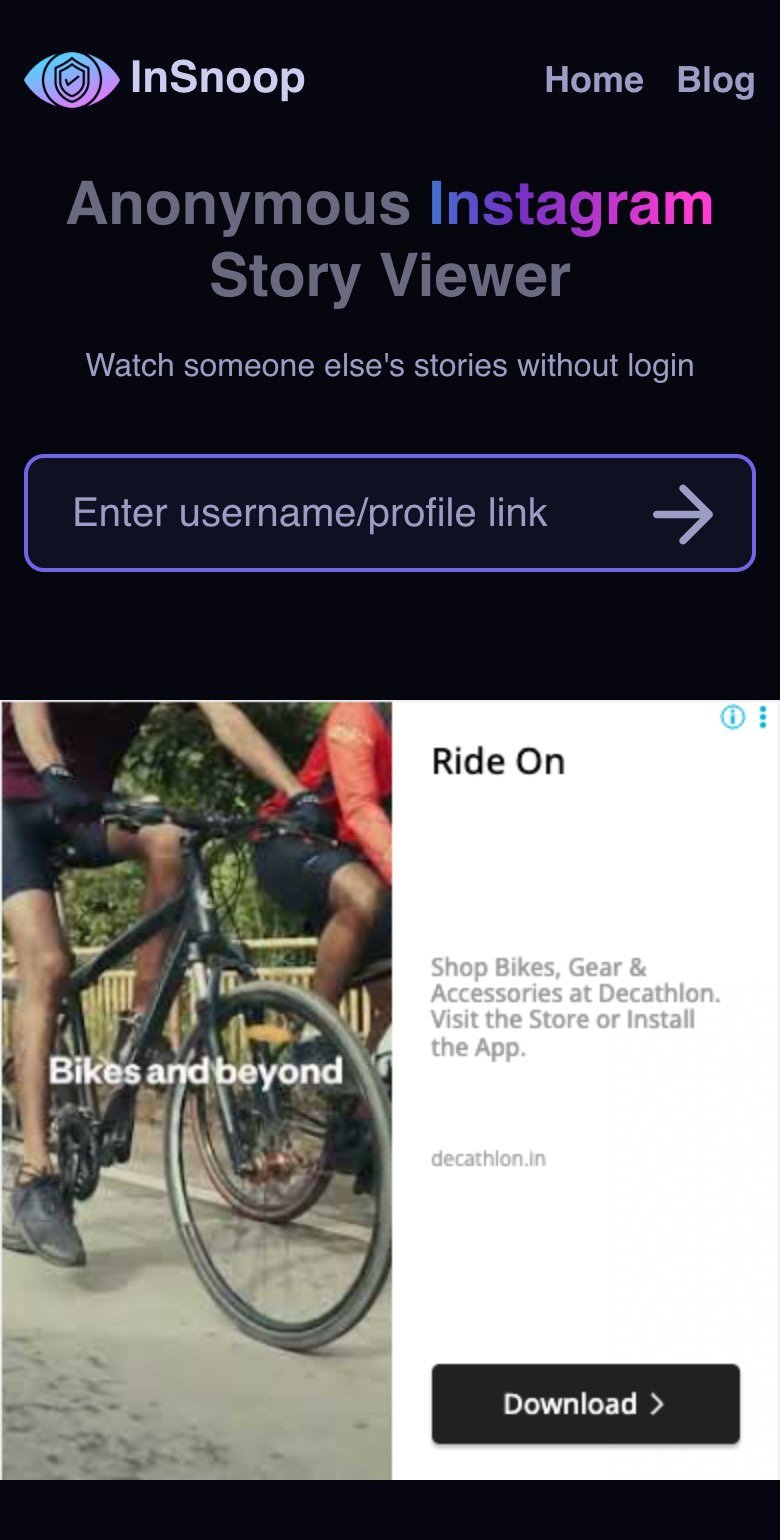 insnoop.com on first visit in a phone-sized browser on 20 October 2026, showing the heading Anonymous Instagram Story Viewer, the line Watch someone else's stories without login, a box reading Enter username/profile link, and directly below it a Decathlon display ad with its own black Download button