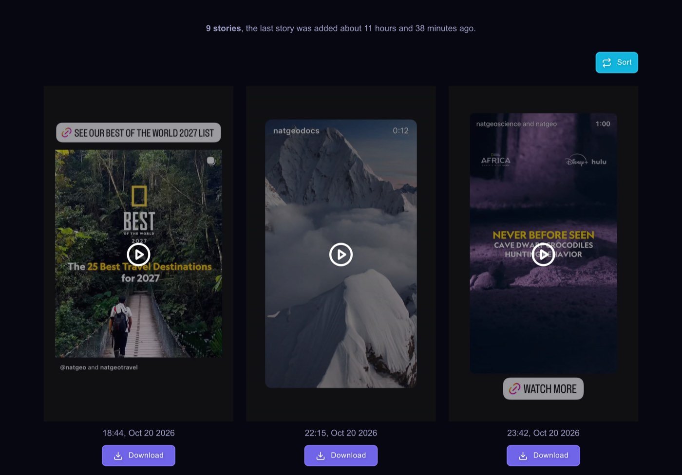 InSnoop's result for National Geographic in a desktop browser at 15:15 India time on 22 October 2026, reading 9 stories, the last story was added about 11 hours and 38 minutes ago, with the first three story cards dated 18:44, Oct 20 2026, 22:15, Oct 20 2026 and 23:42, Oct 20 2026, each with a Download button