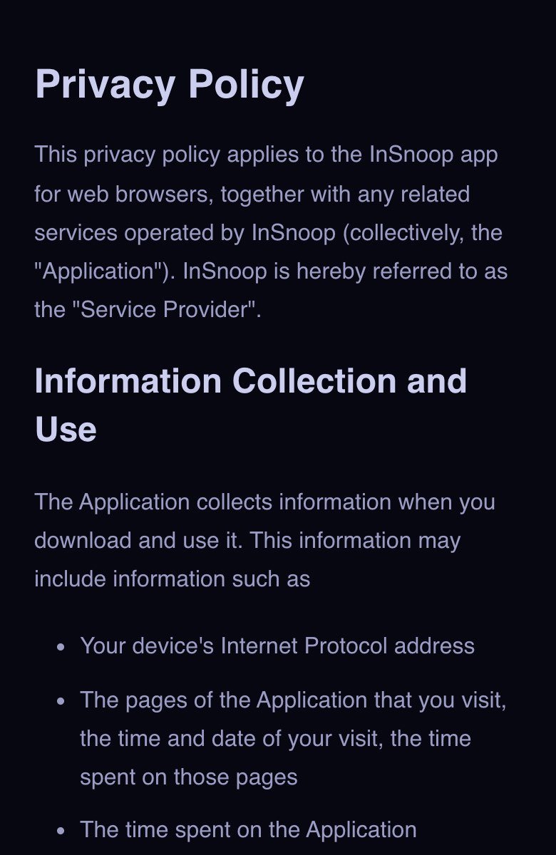 InSnoop's privacy policy page in a phone-sized browser on 20 October 2026, saying it applies to the InSnoop app for web browsers and that InSnoop is referred to as the Service Provider, then listing under Information Collection and Use your device's Internet Protocol address, the pages you visit with the time and date, and the time spent on the Application