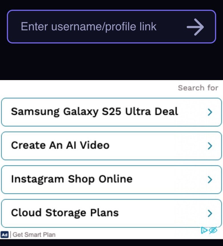 An ad block under InSnoop's search box in a phone-sized browser on 20 October 2026, headed Search for, with four button-like rows reading Samsung Galaxy S25 Ultra Deal, Create An AI Video, Instagram Shop Online and Cloud Storage Plans, and a small Ad label with Get Smart Plan at the bottom