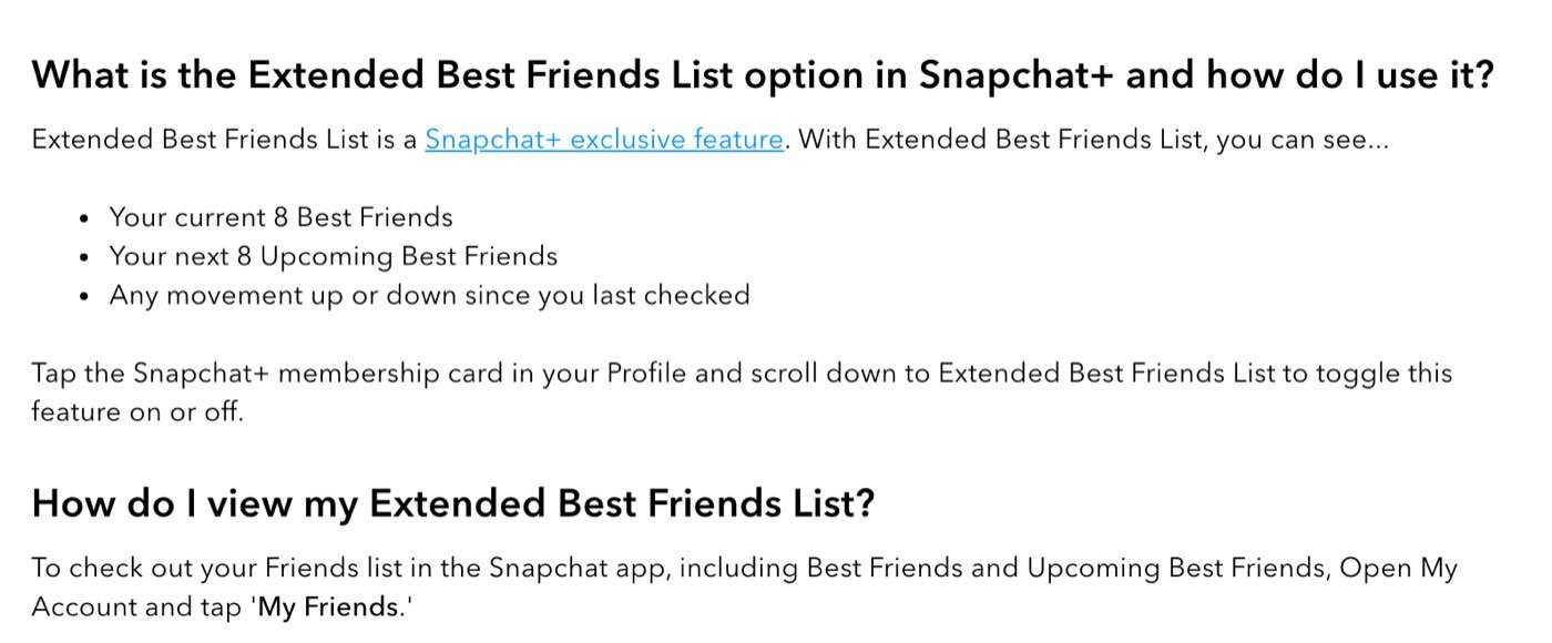Snapchat's help page on Extended Best Friends List on 16 October 2026, saying the Snapchat+ feature shows your current 8 Best Friends, your next 8 Upcoming Best Friends and any movement since you last checked, toggled from the Snapchat+ membership card