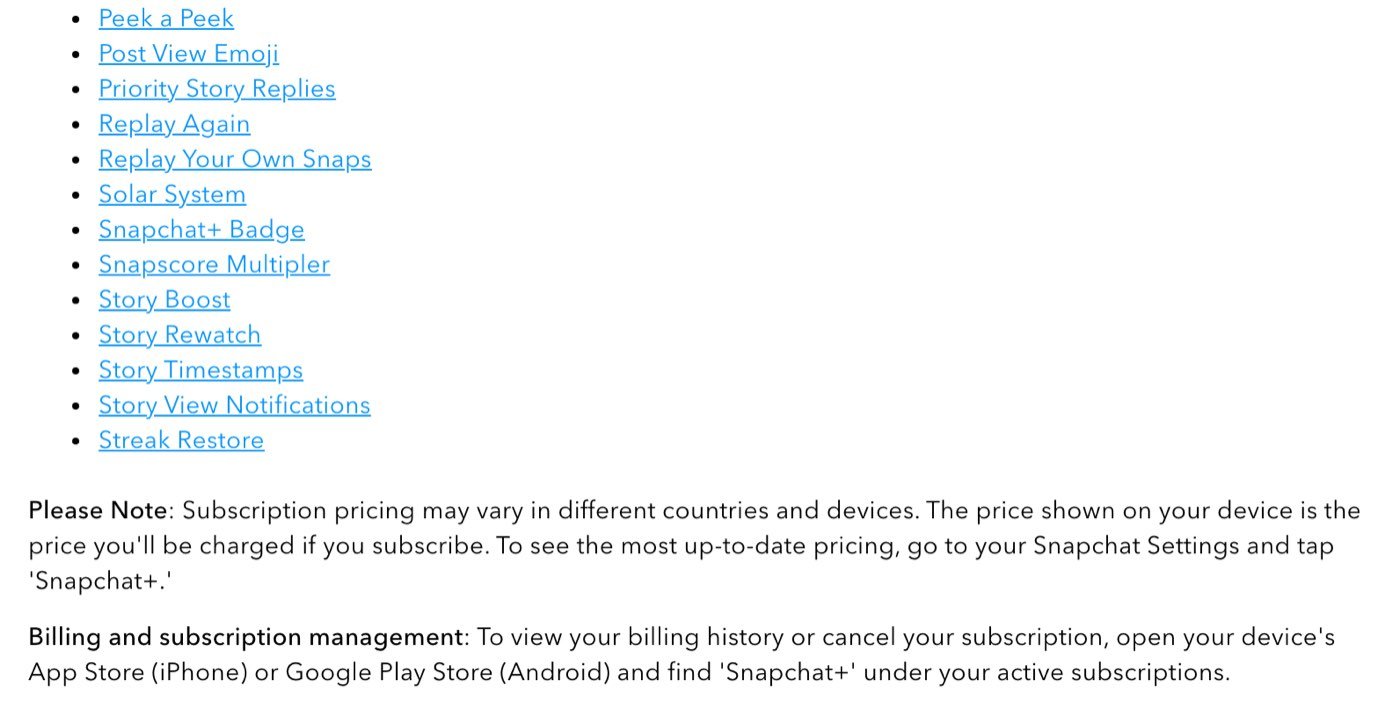 Snapchat's help page What is Snapchat+? on 16 October 2026, listing Solar System among Snapchat+ features, with a note that subscription pricing may vary in different countries and devices and that the price shown on your device is the price you'll be charged