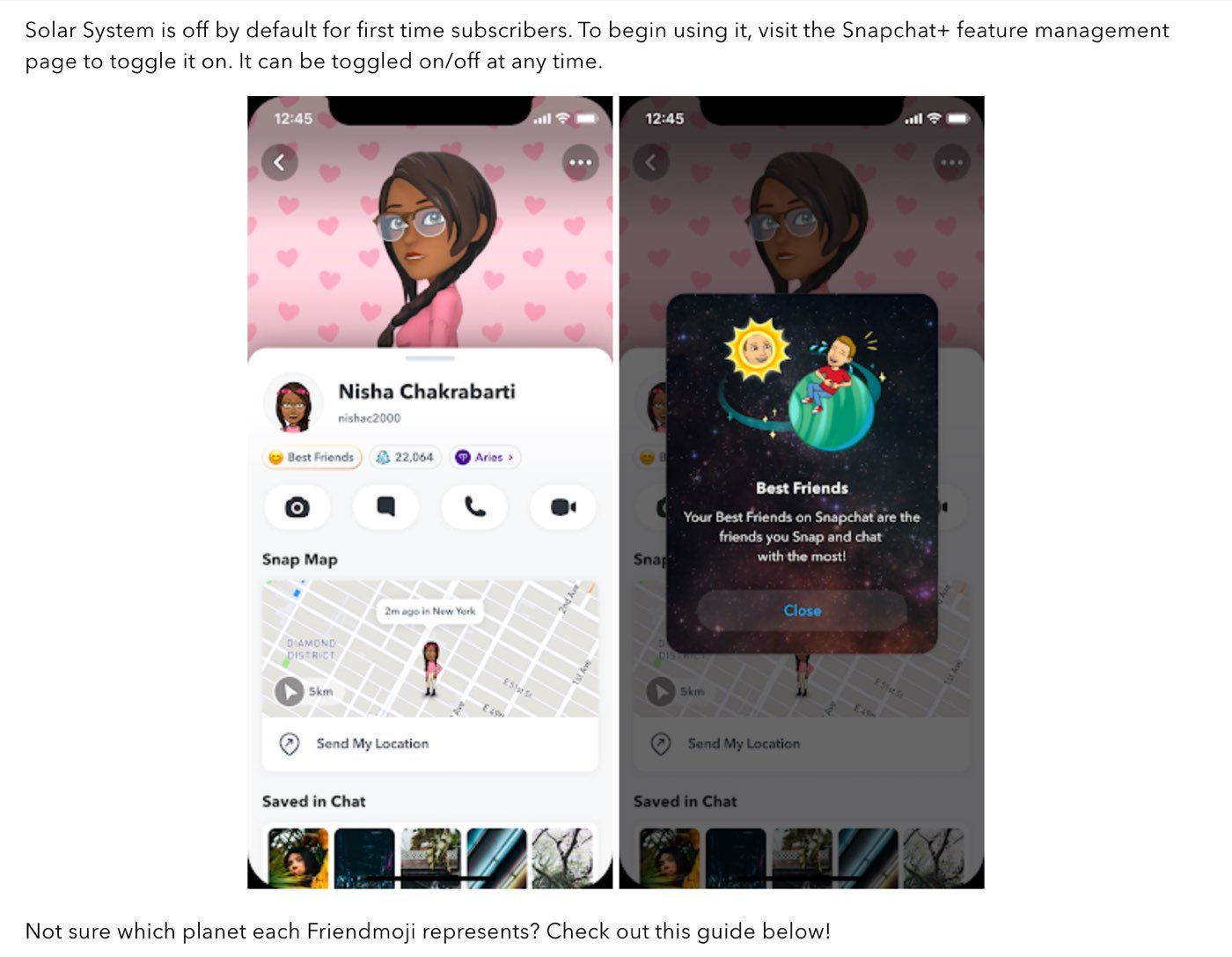 Snapchat's help page on 16 October 2026 saying Solar System is off by default for first time subscribers and can be toggled on from the Snapchat+ feature management page, above two example phone screens: a Friendship Profile with a Best Friends badge, and a pop-up titled Best Friends showing a Bitmoji in the sun and another on a planet