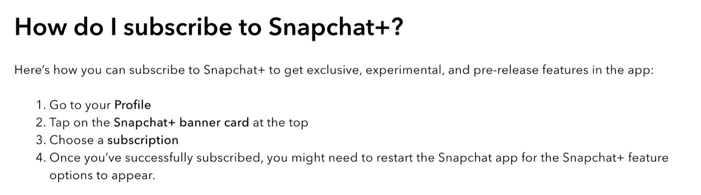 Snapchat's help page How do I subscribe to Snapchat+? on 16 October 2026, listing four steps: go to your Profile, tap the Snapchat+ banner card at the top, choose a subscription, and restart the app if the Snapchat+ feature options don't appear