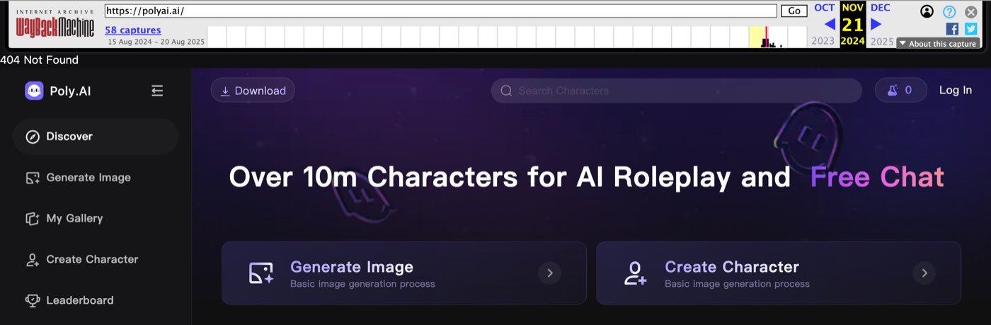 The Internet Archive's Wayback Machine showing polyai.ai as captured on 21 November 2024, viewed on 18 October 2026, with the Poly.AI ghost logo, a menu of Discover, Generate Image, My Gallery, Create Character and Leaderboard, and the heading Over 10m Characters for AI Roleplay and Free Chat