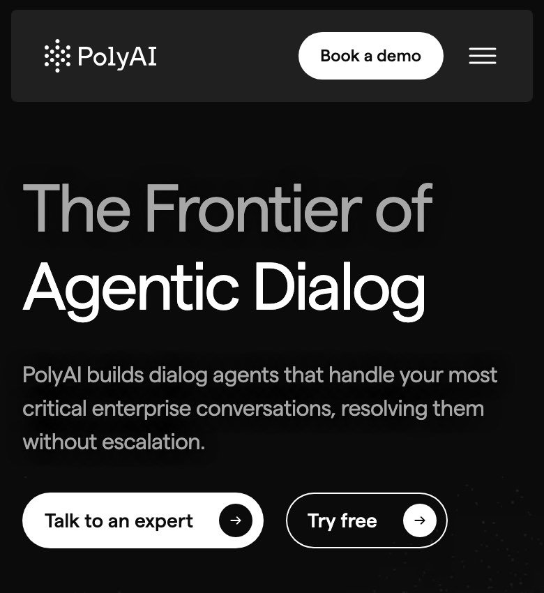 The poly.ai home page in a phone browser on 18 October 2026, with the PolyAI wordmark, a Book a demo button, the heading The Frontier of Agentic Dialog, the line PolyAI builds dialog agents that handle your most critical enterprise conversations, and buttons reading Talk to an expert and Try free