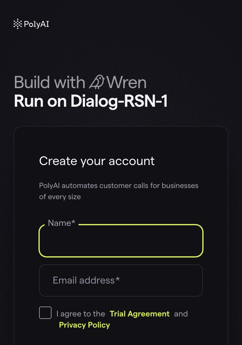 PolyAI's sign-up page at studio.poly.ai, reached from the Try free button on poly.ai in a phone-width browser on 19 October 2026, with the headings Build with Wren and Run on Dialog-RSN-1, a Create your account box reading PolyAI automates customer calls for businesses of every size, empty Name and Email address fields, and a box to agree to the Trial Agreement and Privacy Policy
