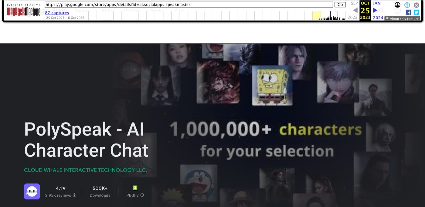 The Internet Archive's Wayback Machine showing the Google Play page for ai.socialapps.speakmaster as captured on 25 October 2023, viewed on 18 October 2026, titled PolySpeak - AI Character Chat by CLOUD WHALE INTERACTIVE TECHNOLOGY LLC, with 500K+ downloads and a banner reading 1,000,000+ characters for your selection